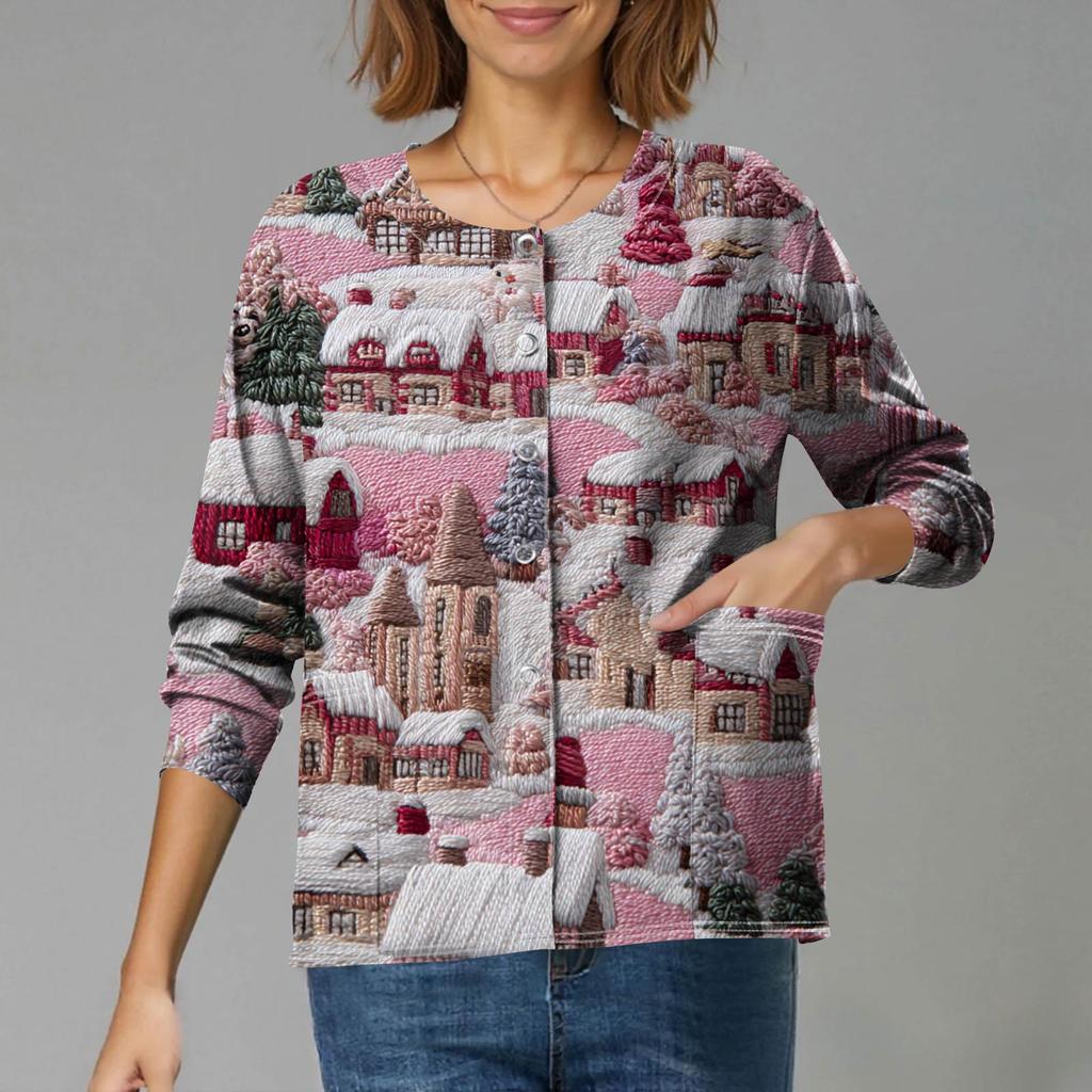 Women's Casual Long-Sleeved Single-Breasted Christmas-Themed Print  Cardigan