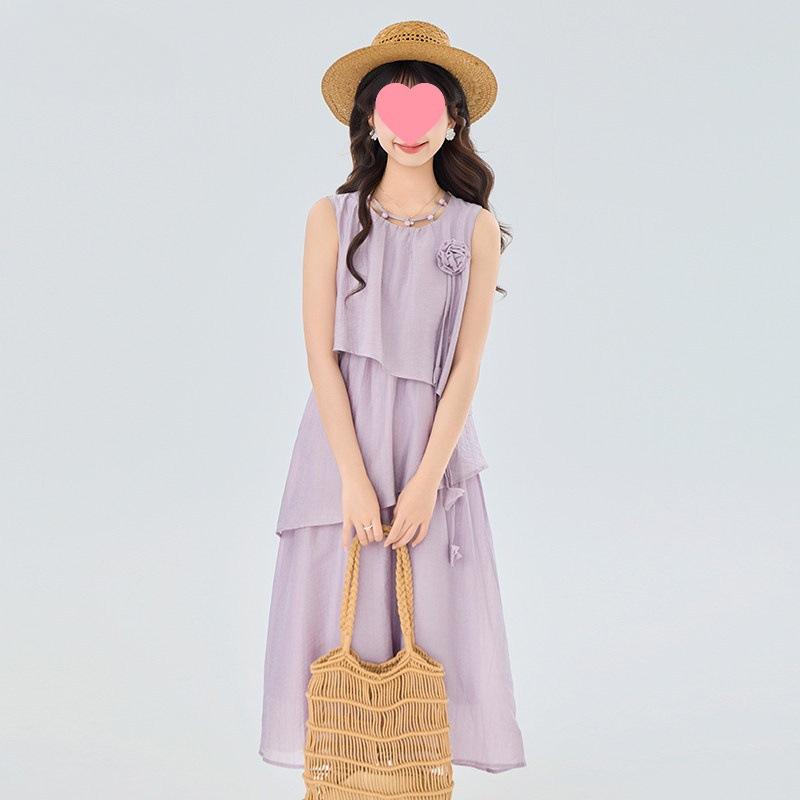 Women's 2025 Summer French Sleeveless Vest Cake Dress - Petite Holiday A-line Skirt, Loose Fit