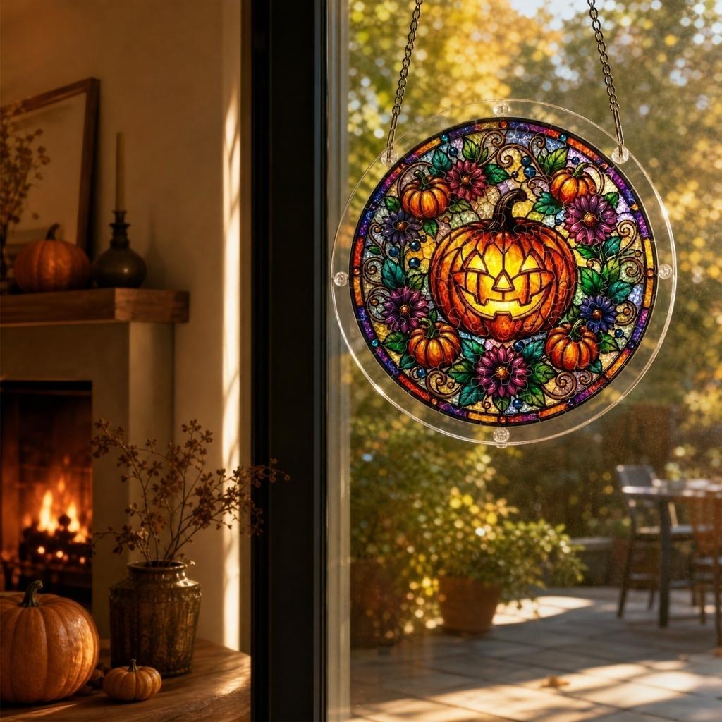 Acrylic Halloween Suncatcher Puzzle - Flat Pumpkin for Window Decor