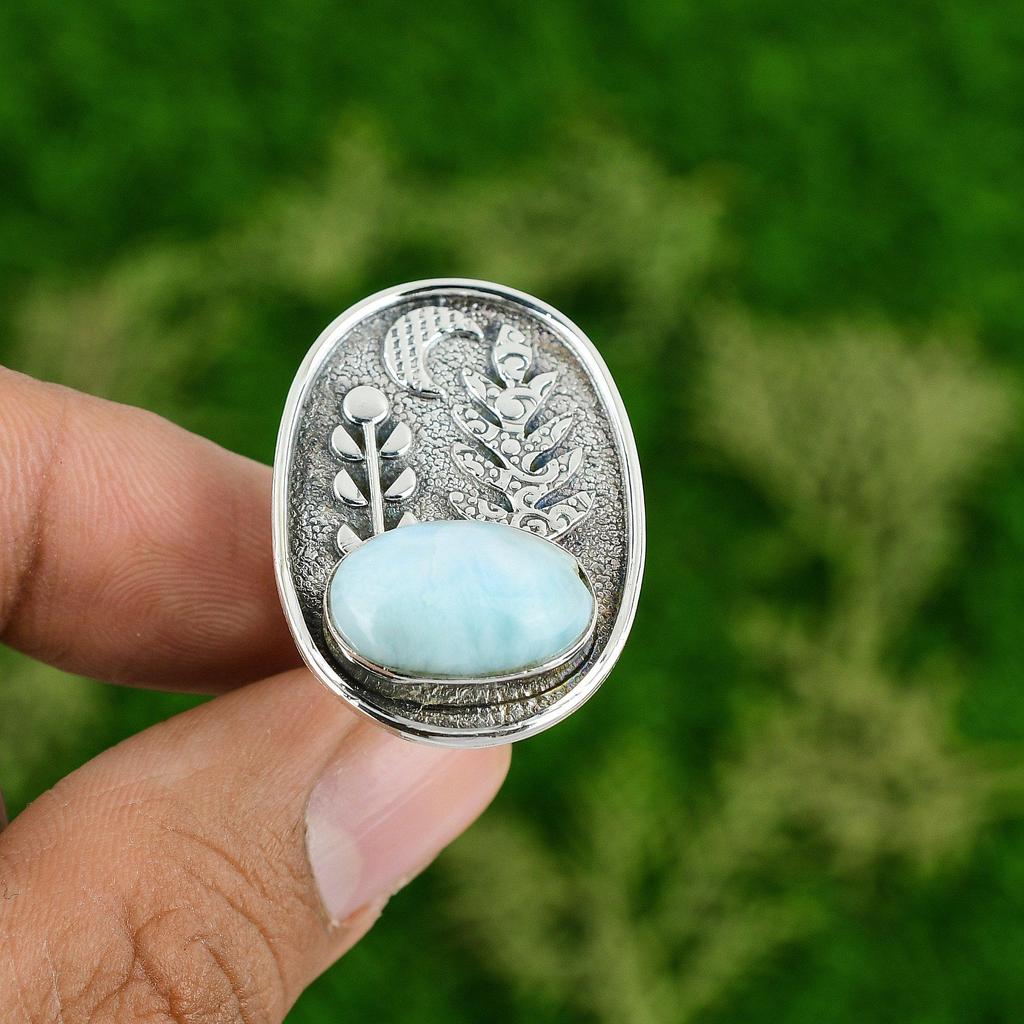 Birthday Gift For Her Natural Larimar Promise Adjustable Ring 925 Silver