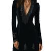 2026 Velvet Embroidered Lace Trim V-Neck Retro Mini Dress - European & American Style
