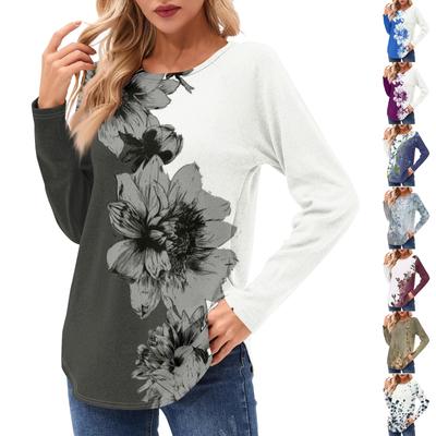 Women's Long Sleeve Shirts Casual Fashion Flowers Printed Tunic Tops Crewneck Basic Loose T Shirt