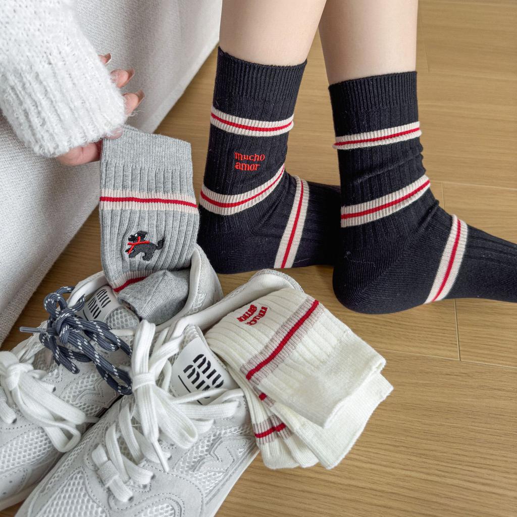 Recently, Chao Loves To Wear It! Tb College Style Pile Socks Ab Puppy English Embroidery Style Cotton Socks For Women