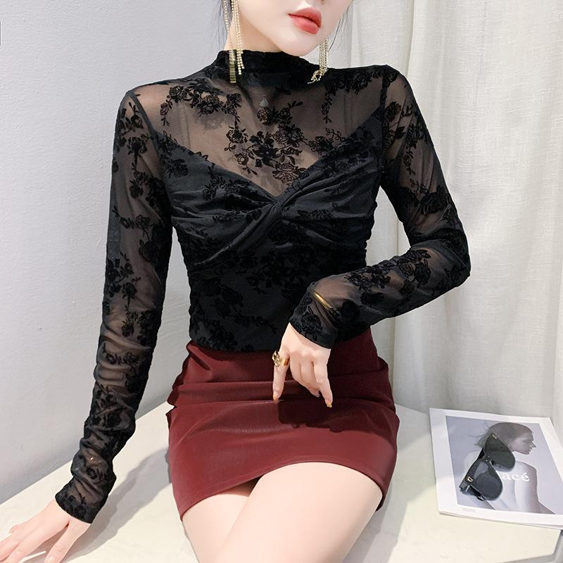 

Весенняя базовая рубашка с полувысоким воротом для женщин, дизайнерский топ из флокированной сетки, модная внутренняя футболка с длинными рукавами 3XL