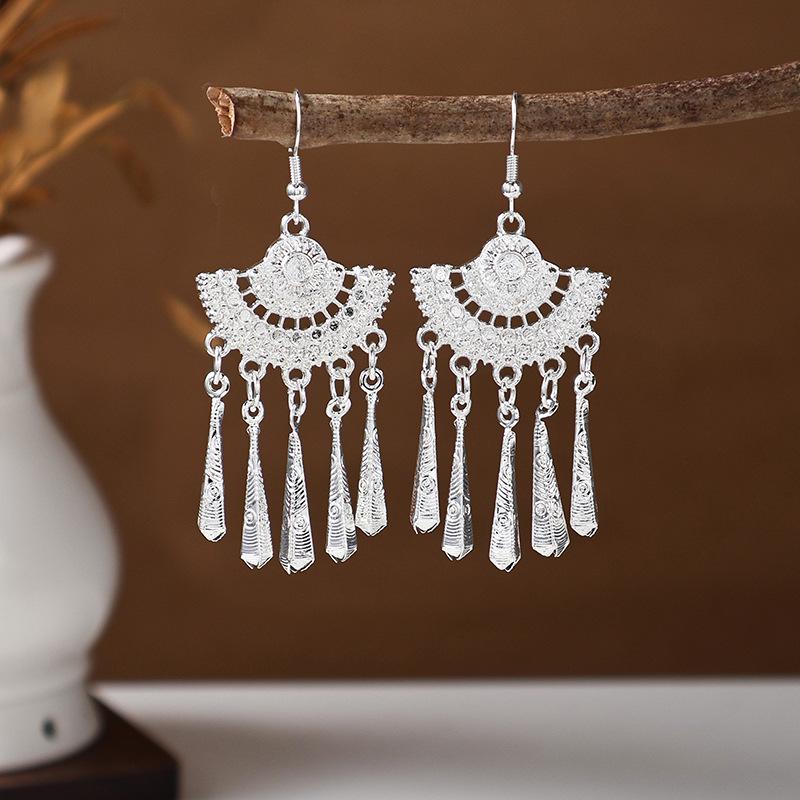 Ethnic Miao Silver Tassel Earrings - Retro Long Dangle Scenic Studs for Women