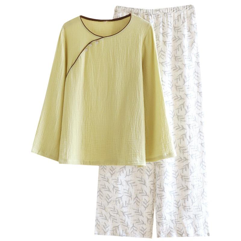 2026 Frühling und Herbst Neues Pyjama-Set 100% Baumwollkrepp Antiker Stil Einfach Langarm Lange Hose Zweiteiliges Hauskleidungs-Set