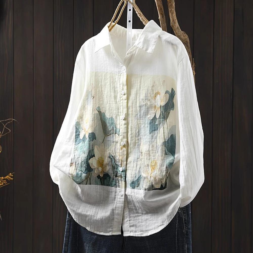Spring Autumn White Top Double Layered Cotton Yarn Shirts Women Lapel Collar Long Sleeve Printed Blouses