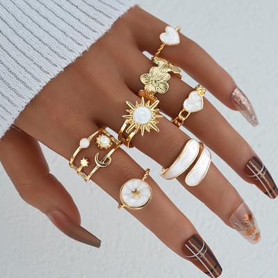 Boho Flower Heart Sun Stackable Rings Set For Women Minimalist Geometric Glitter Drip Ring Fashion Holiday Party Jewelry Gifts