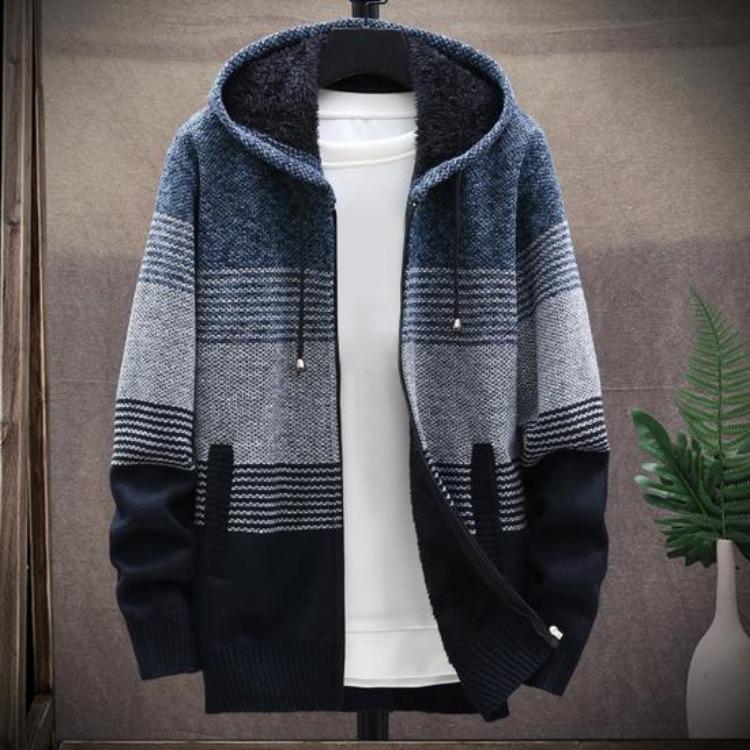 Thicken Plush Warm Cardigan Sweater Knitted Coat for Men Color Block Hooded Autumn Winter Daily Wear