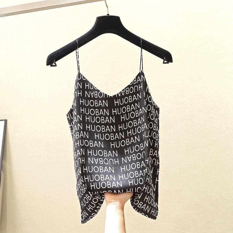 

Топ-майка с двойным V-образным вырезом, тонкими бретелями и надписью-холтером для женщин, базовая, для ношения отдельно, новинка лета, корейская версия, облегающий топ XL