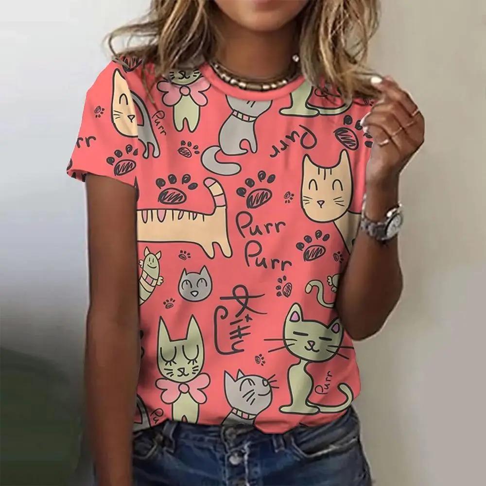 Women's T-shirt Summer casual round neck top Short sleeved loose T-shirt Daily short sleeved 3D printed cartoon cat pattern