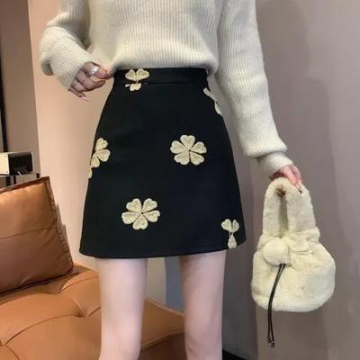 Sweet Fashion Preppy Style Autumn Winter New Women's Woolen Embroidered Zipper Korean Casual High Waist Slim Short A-line Skirt