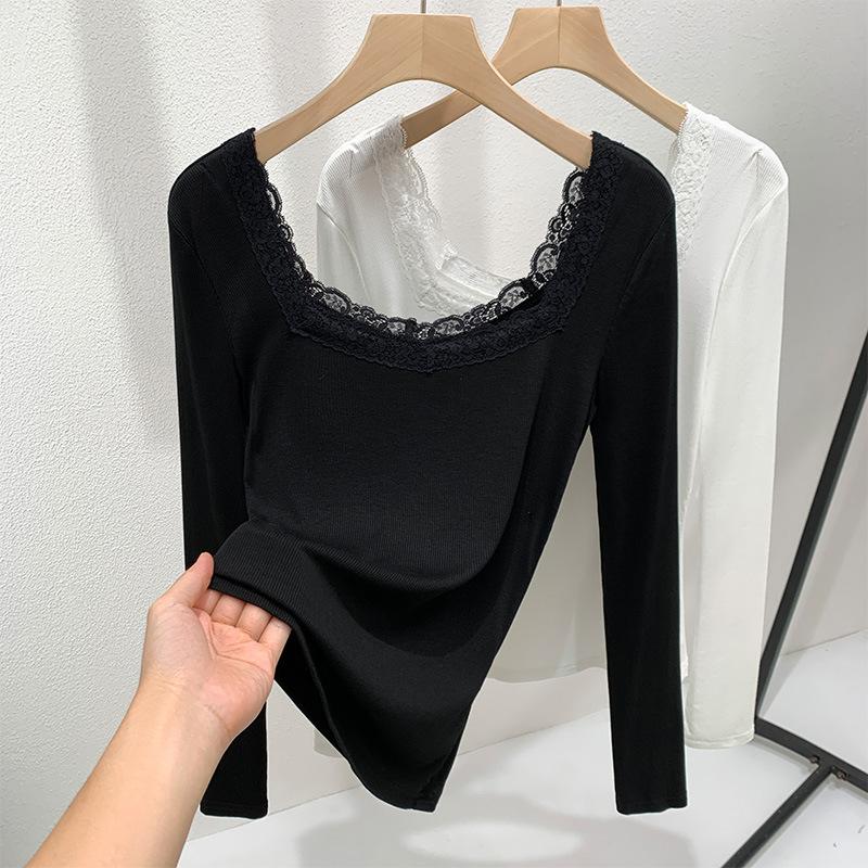 

Threaded bottomed shirt women s 2025 new women s clothing, foreign style lace lace splicing square collar inner with long-sleeved waist top 2XL чорний