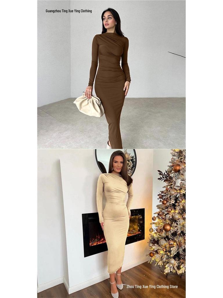 European Style Elegant Round Neck Long Sleeve Slim Fit Bodycon Dress