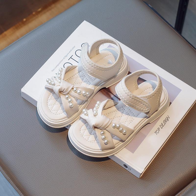 Girls Beach Shoes Soft Sole Non-slip Kids Princess Shoes Sweet Pearls 2025 Summer Children Sandals Soild Color Versatile Trendy