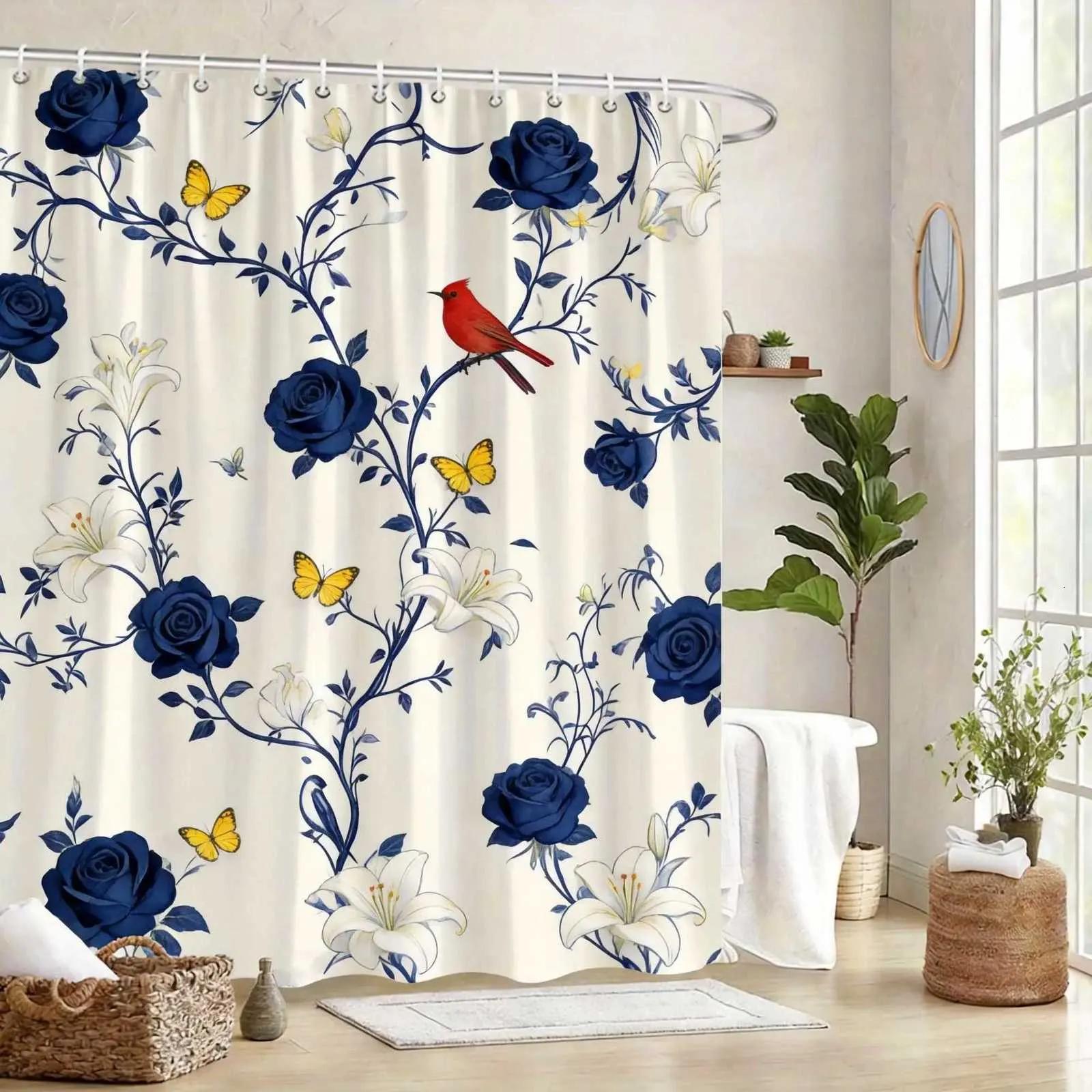 Floral & Bird Print Shower Curtain, Vintage Botanical Design with Butterflies, Waterproof Polyester Bathroom Curtain with Hooks (as the picture,W90xH180cm)