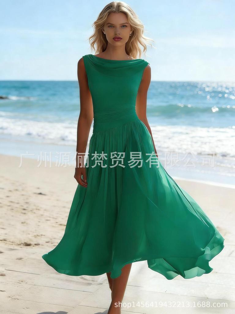 Abito Maxi da Donna Senza Maniche con Scollo a Drappeggio Vita Arricciata Linea ad A Svasata Lungo Monocolore Elegante Abito Estivo da Spiaggia