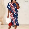Women Plus Size Two Piece Set Round Neck Batwing Sleeve Ruffle Hem Top Black Gold Printed Fishtail Skirt