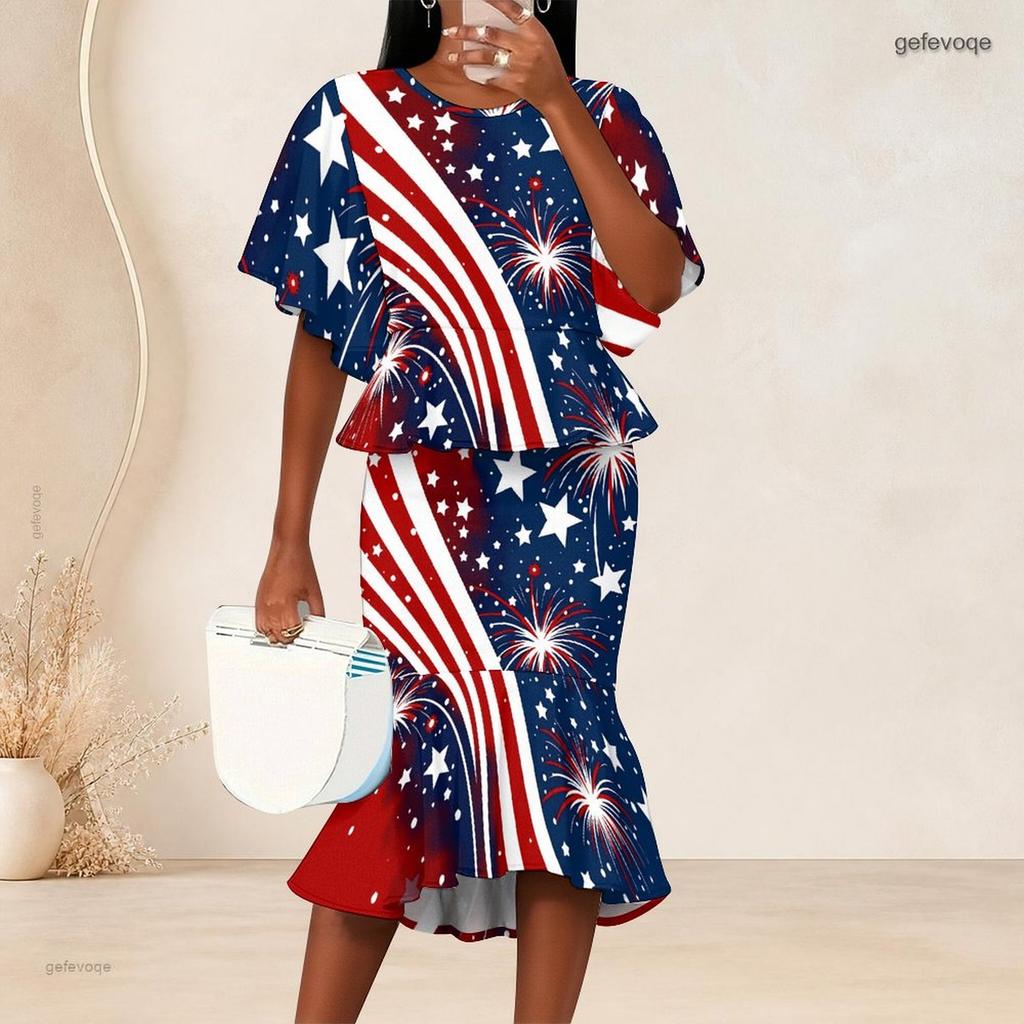 Women Plus Size Two Piece Set Round Neck Batwing Sleeve Ruffle Hem Top Black Gold Printed Fishtail Skirt
