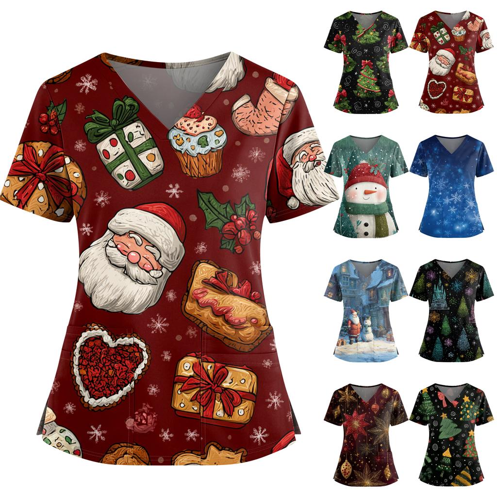 Women's Christmas Printed V-Neck Double Pocket Short Sleeves Hem Slit  Uniform Caregiver Top