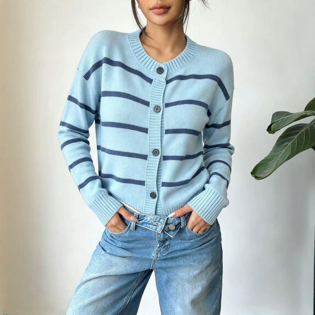 Source Factory Bohemian West Stripe Knitted Cardigan Women's Loose Crew Neck Button Long Sleeve Sweater Jacket