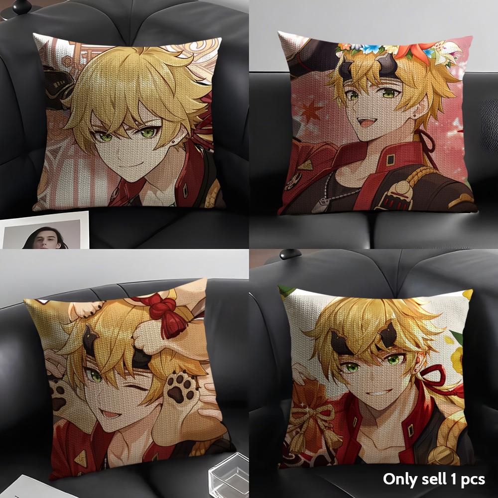 Thoma Genshin Impact Cute Cushion Cover Natural Linen Organic Fabric Double-Sided Printing Sofa Home Decor Gift Pillow Case