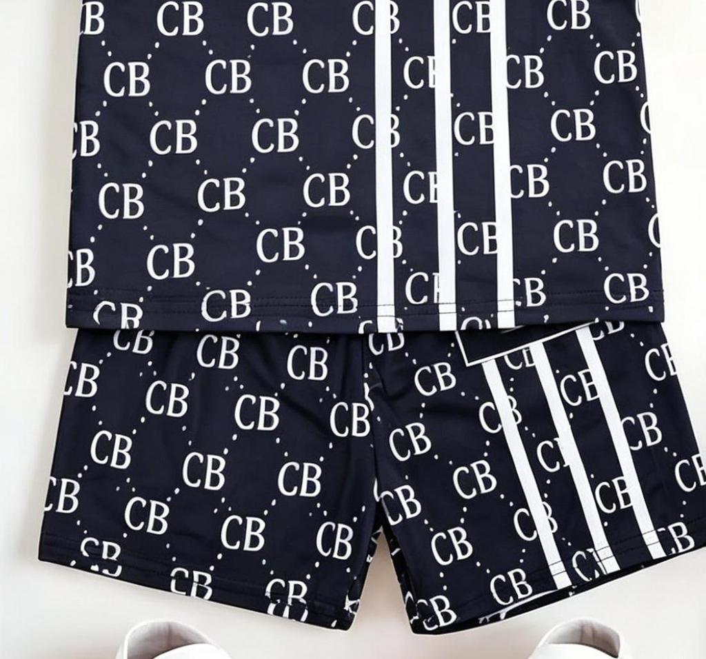 Toddler Boys Cool CB Monogram Print 2-Piece Outfit, Summer Navy Casual Clothes for Kids, Perfect for Playwear & Outdoor
