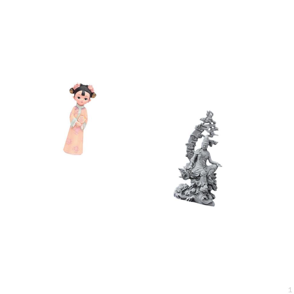 Traditional Chinese Girl And Guan Yin Resin Statue Sculpture Miniature Figurine Feng Shui Buddhist