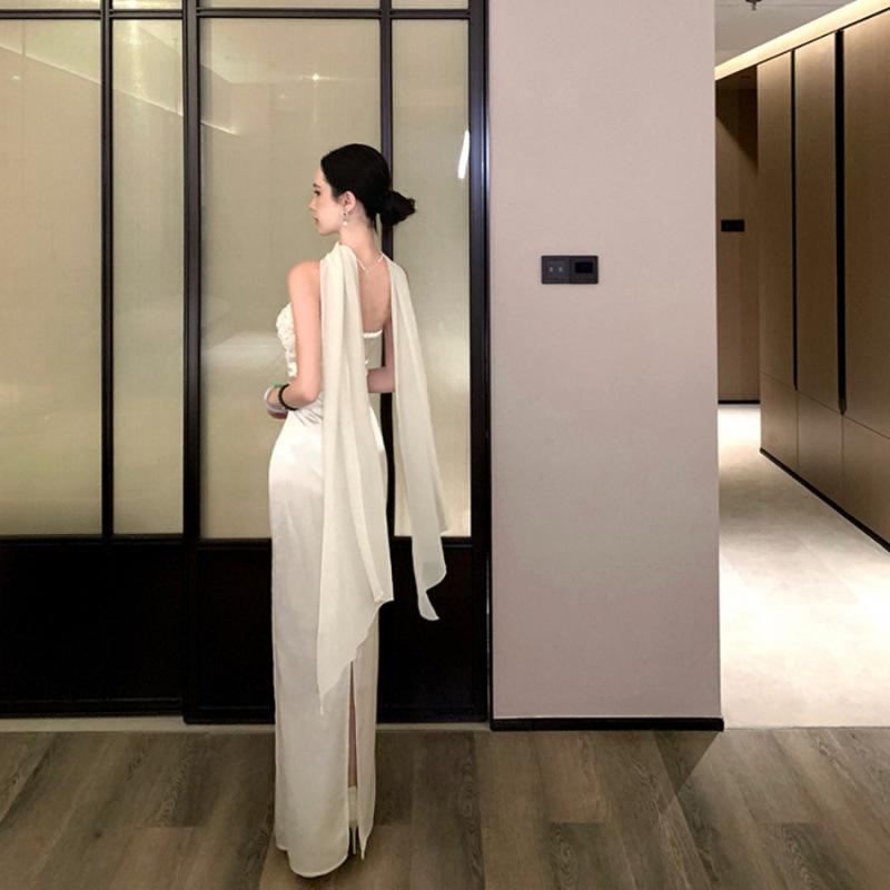 White dress women's high-end French evening dress heavy industry sequined satin tube top hip birthday skirt