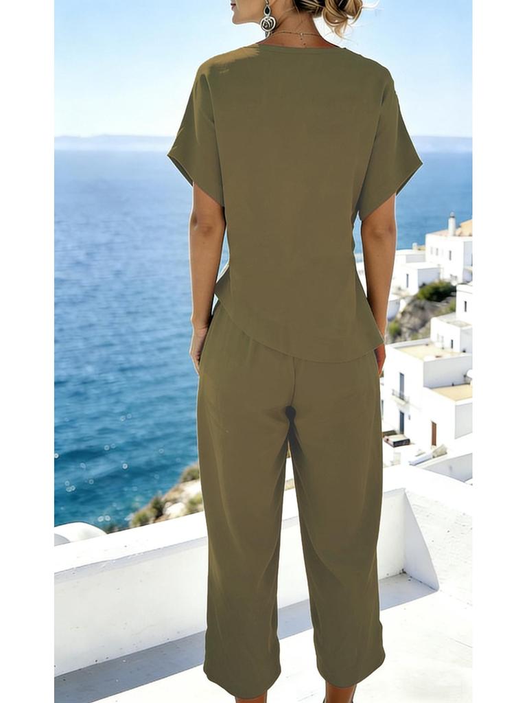 European & American Women's Fashion: Solid Color Irregular Short Sleeve Summer Set