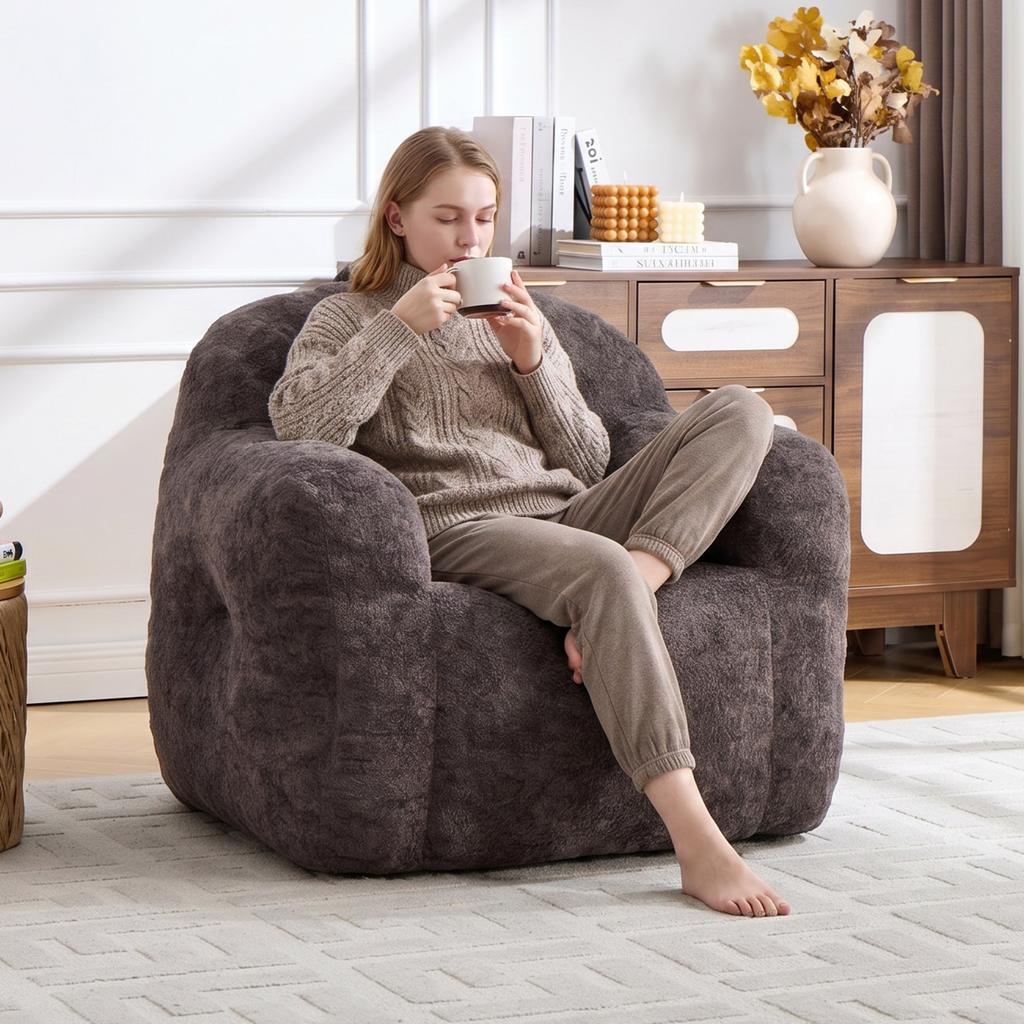 Bean Bag Chair with Shredded Sponge Filler ,Faux Fur Beanbag Sofa with Armrests , for Living Room, Bedroom & Reading,No Assembly Required ,Dark Grey