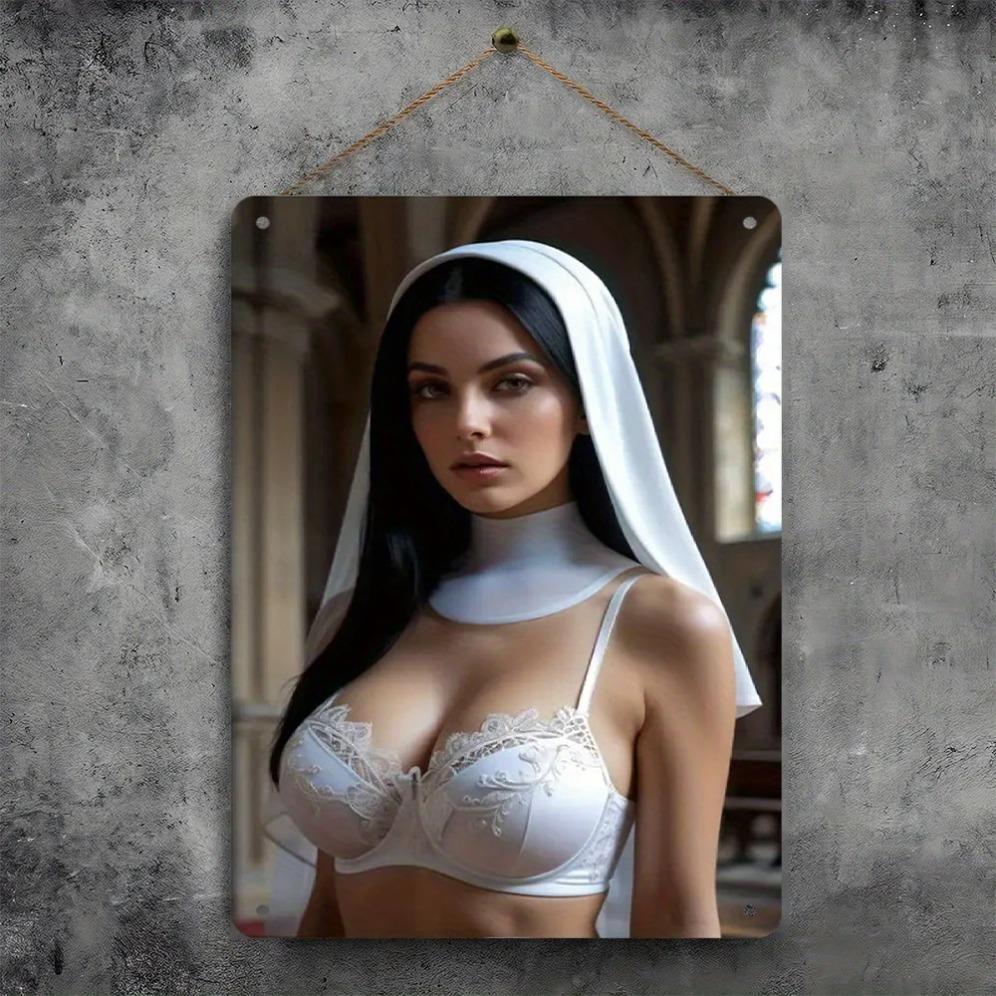 Kirche Traum Metallwandkunst 8x12 Zoll - Religiöse Dekoration mit Nonnen-Spitzen-BH & Schleier für Zuhause, Bar, Café