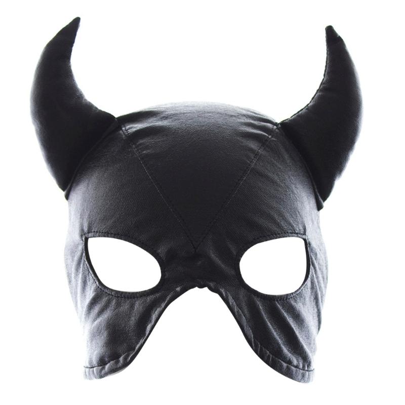 

Black PU Head Cover with Adjustable Tie Balaclava Face Mask Couple Play Black Head Wrap Horn Hood Costume