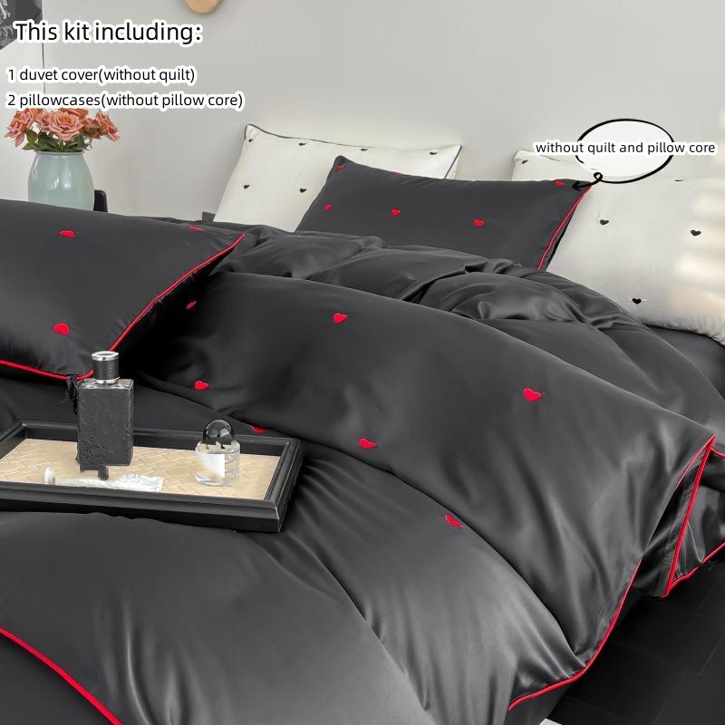 

3pcs Red heart embroidery Bedding set ruffles Duvet Cover Set (1*Duvet Cover + 2*Pillowcase, Without Core)for bedroom 135x200cm3pcs чёрный