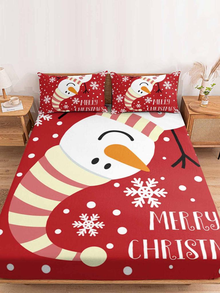 Christmas Snowman Pattern Snowflake Queen Size Bed Mattress Fitted sheet Elastic Rubber Band Non-slip Bed Sheet Pillowcase Set
