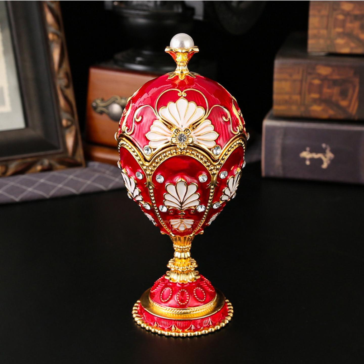Faberge Style Enamel Pearl Egg Trinket Box, Russian Metal Craft Jewelry Storage Box with Display Stand Tabletop Decor Ornament