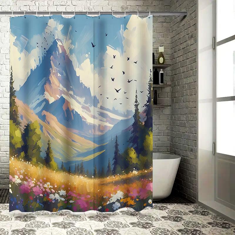 

Impressionist Mountain Landscape Shower Curtain With Flower Field Flying Birds Artistic Bathroom Decor For Nature Lovers W60H190(CM)-1 Pcs
