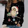 Cartoon Owl Pattern Cotton T-Shirt For Women Christmas Style Long Sleeve Tops Autumn O Neck Oversized Pullover Harajuku Sweater