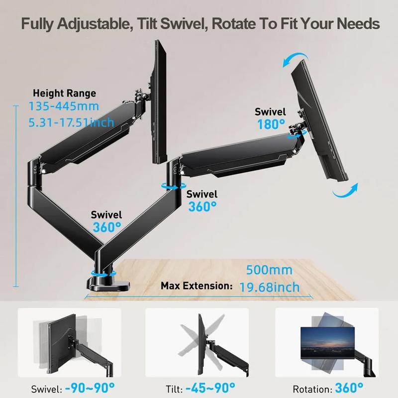 Dual Monitor up to 32 inches and 19.8 lbs per Screen Mechanical Arm Desk Mount VESA 100x100mm Height Adjustable Monitor Stand
