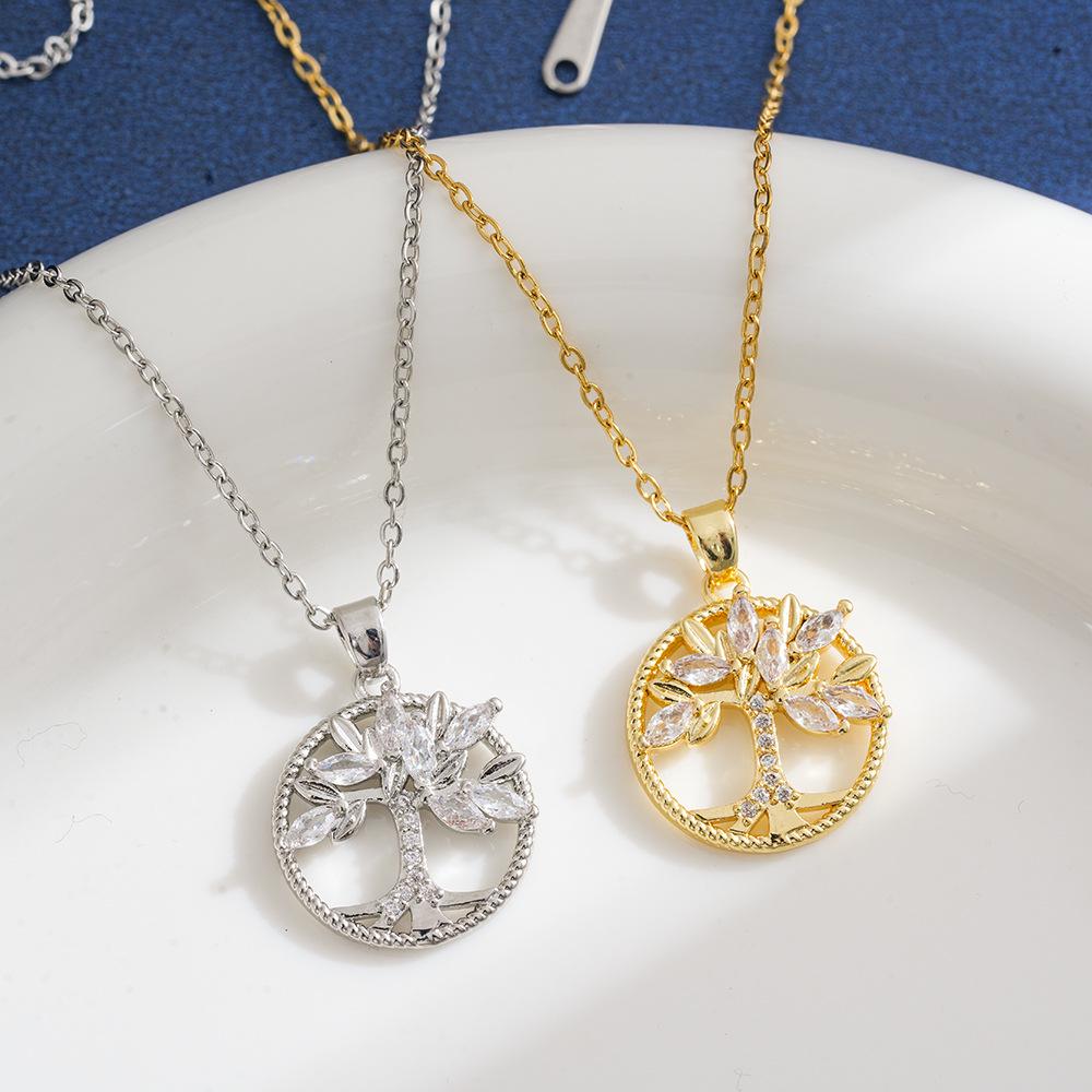 Tree of Life Round Pendant Necklace, Titanium Steel with Full Diamond, Elegant Light Luxury Clavicle Chain for Women