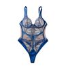 Women's Sexy V-Neck Bodysuit Embroidered Mesh Panel Shapewear Bodysuit Blue Underwire Push-Up Bodysuit