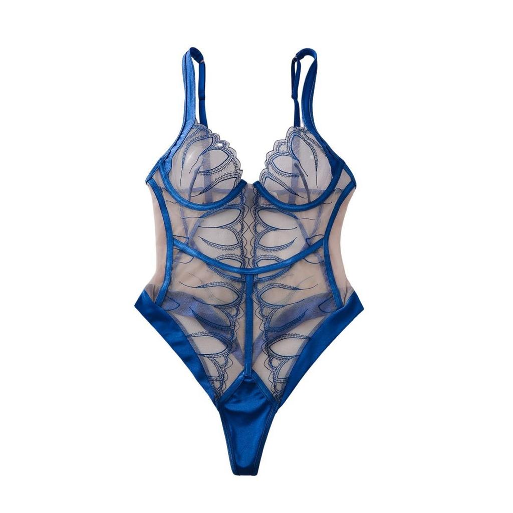 Women's Sexy V-Neck Bodysuit Embroidered Mesh Panel Shapewear Bodysuit Blue Underwire Push-Up Bodysuit