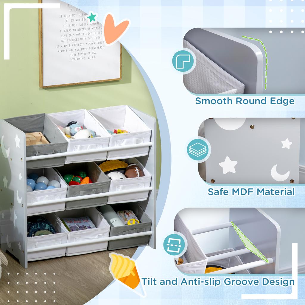 Kids Storage Rack, with Nine Removable Baskets, for Nursery, Bedroom, Playroom - Grey