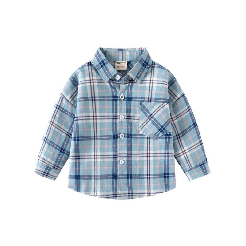 Children's Clothing Spring and Autumn Boys' Pocket Shirt Children's Long Sleeve Shirt K-style Loose Shoulder Strand Gingham Square Collar Clothes