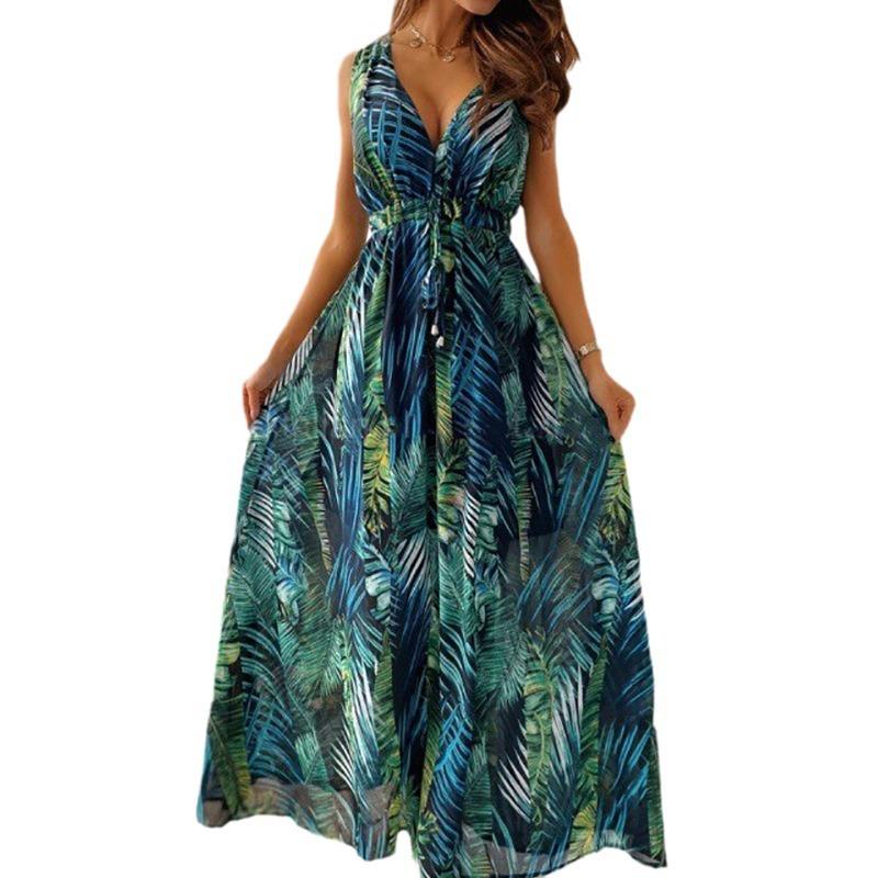 European and American women's clothing, new summer models, fashionable casual printing backless strap dress women