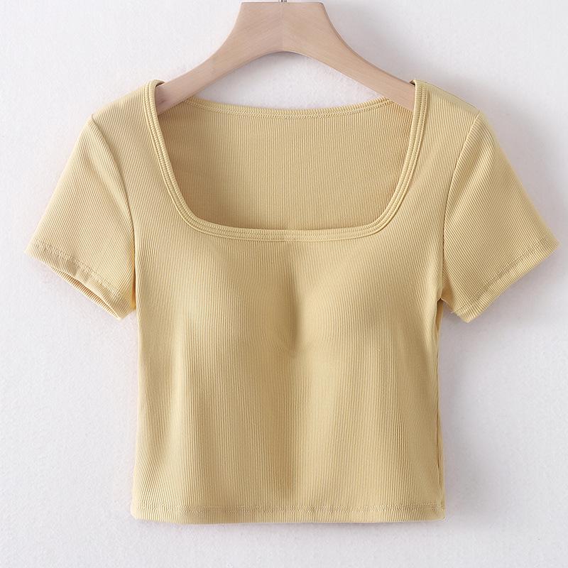 

Women s Short Sleeve T-Shirt with T-Square Neck, Chest Pad, Fixed Bra, and Navel-Baring Yoga Base Layer XL жовтий
