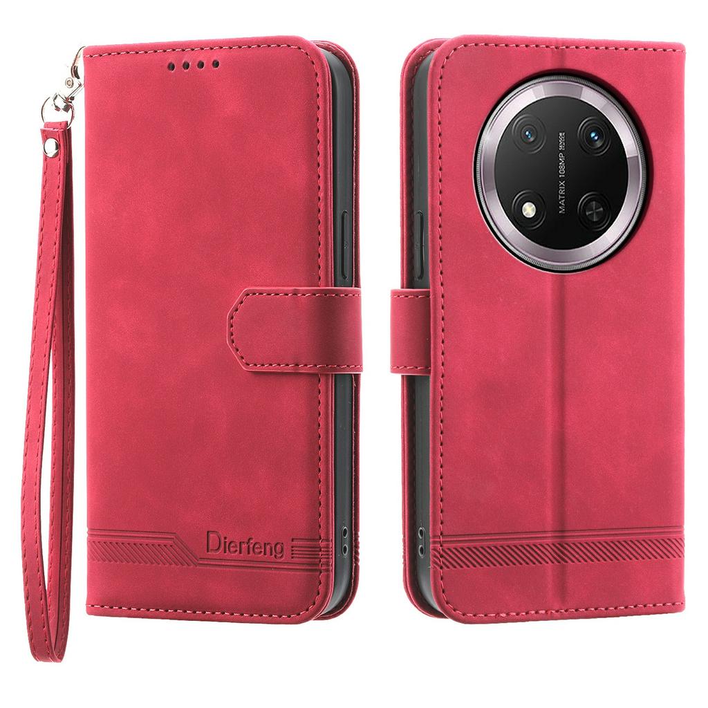 DIERFENG DF-03 Skórzane Etui Na Honor Magic8 Lite 5G / X70 5G / X9d 5G Wzór Linii Portfel Pokrowiec na Telefon z Paskiem na Nadgarstek