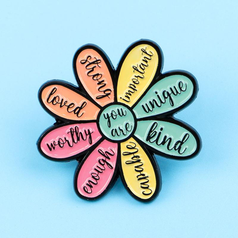 Inspirational Quote Enamel Pin Motivational Flower Brooch Pines Lapel Pins Reminder Badge Clothes Accessories Jewelry Gift