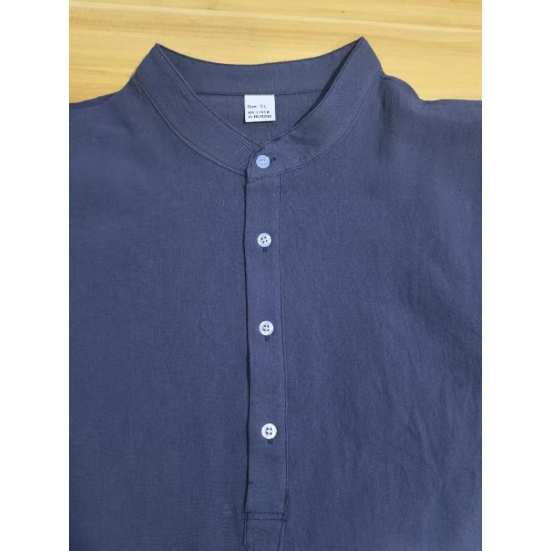 New Solid Color Collarless Long-sleeved Tops for Men Cotton and Linen Comfortable Casual Loose Lining