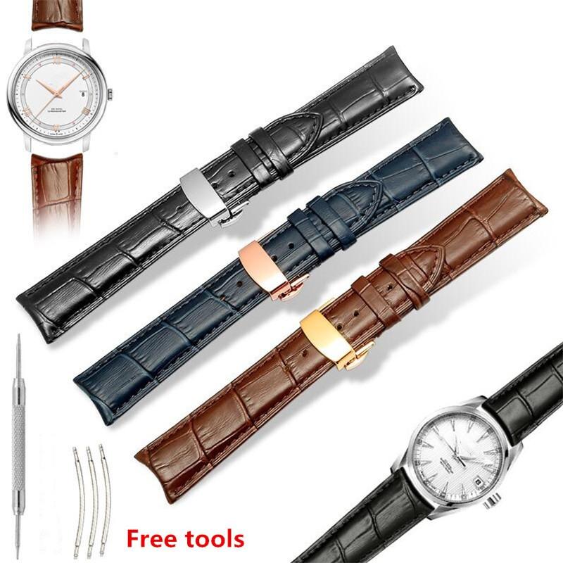Durable Black Brown Blue Genuine Leather Watchband 18 19 20 21 22mm Curved End Deployant Buckle Calfskin Strap For Brands Watch